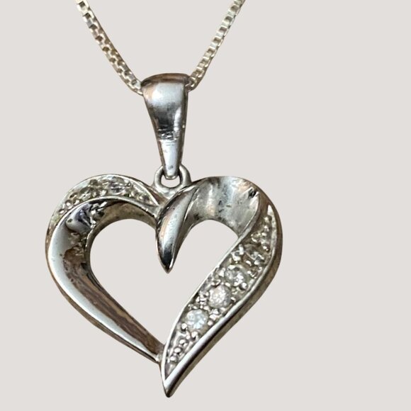 Heart Pendant Necklace Box Chain Sterling Silver 925 With Rhinestones 18 Inch - Picture 1 of 8
